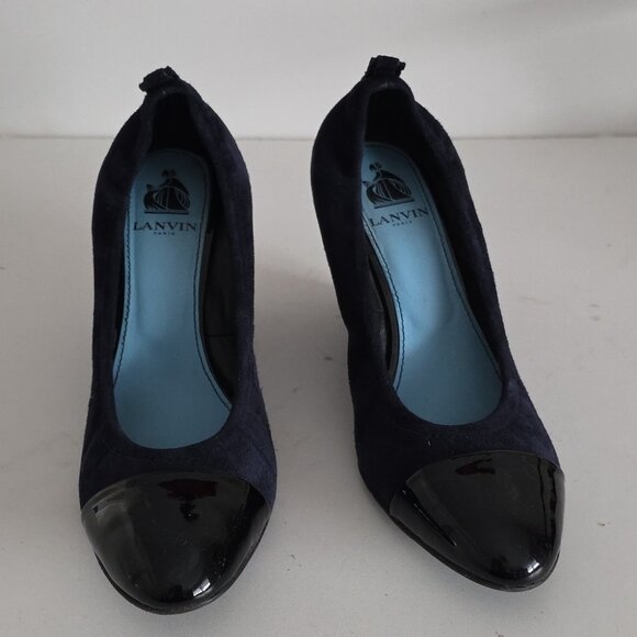 LANVIN | Navy suede wedge pumps with Black patent leather cap toes Sz 38 - Picture 3 of 6